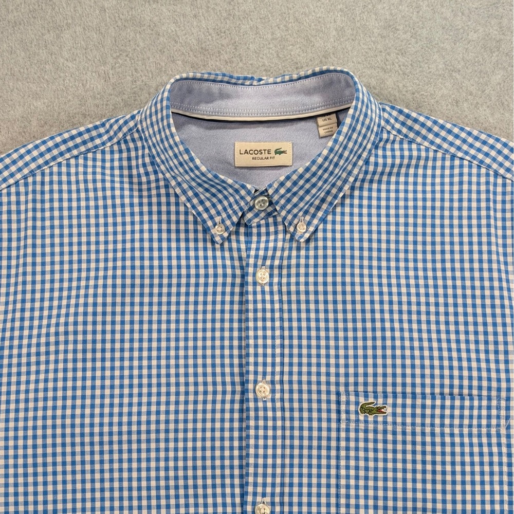 Lacoste Mens Button Down Regular Fit Gingham Shirt Blue White XL Long Sleeve